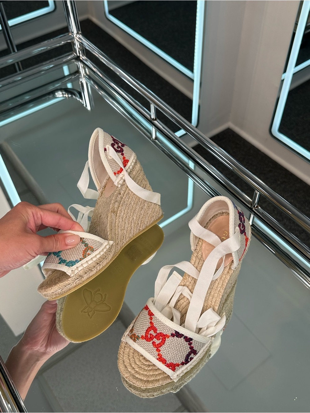 Gucci GG Multicolor Linen Espadrille Wedge